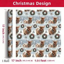 2/1 Roll Of Christmas Gift Wrapping Paper, Featuring A Calf Wearing A Wreath Pattern;Perfect For Christmas Gift Wrapping,Holiday Party Decor,Home Festive Decoration,DIY Craft,Festive Favour Wrapping Dimensions: 43 Cm X 300 Cm. - A - View 8