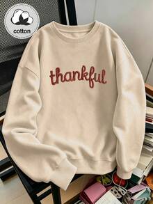 Casual Letter Print Sweatshirt, Autumn Thanksgiving Theme, Customized Christian Or Campus Gift - Apricot - View 5
