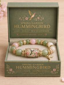 1pc Gift Box Hummingbird Jade Crystal Healing Beaded Bracelet For Women, Elastic Beaded Design, Hummingbird Pendant Decoration, Comes With Exquisite Gift Box Packaging, Suitable As Holiday Birthday Gift For Girls - Multicolor - View 5