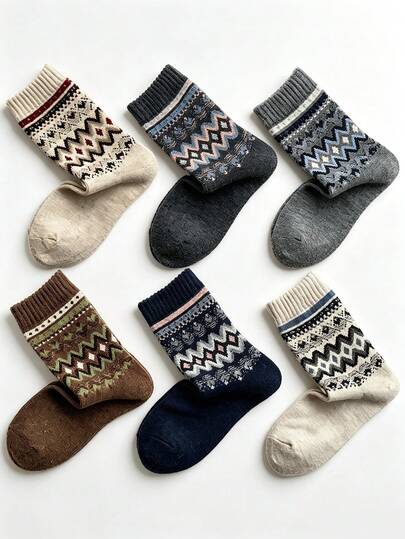 5 Pairs Men's Vintage Fair Isle Jacquard Mid-Calf Socks, Diamond Geometric Pattern Casual Socks For Daily Wear, Autumn/Winter