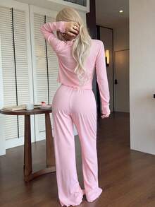 Women's Pink 2Pcs Pajama Set Ruffle-Trimmed Tie-Front Long-Sleeve Top & Wide-Leg Pants Heart Jacquard Knit Cute Loungewear Sleepwear Valentine's Day - Pink - View 2