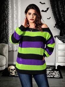 Sweater Rajut Halloween Musim Gugur/Dingin 2026 untuk Wanita Ukuran Besar, Gaya Punk Gothic Y2K, Pullover Bahu Terbuka dengan Detail Rusak, Atasan Pullover Rajut Kasual Bergaris Blok Warna - MultiWarna - View 5