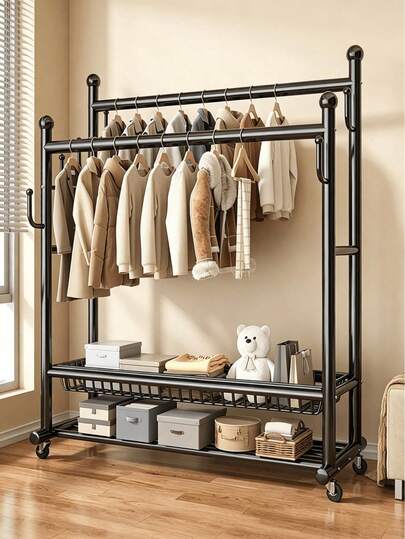 Double Rod Metal Clothes Rack With Wheels, Equipped With Storage Basket And Side Hooks, Large Capacity, Stable Structure, Space Saving, Movable Floor Standing Garment Rack, Suitable For Bedroom, Living Room, Hallway And Dormitory.