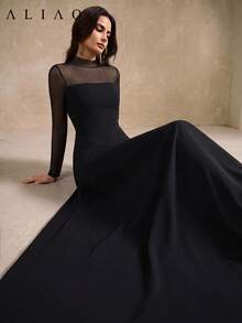 Spring/Autumn French Vintage Court Style Black Sheer Mesh A-Line Maxi Dress, Elegant Wedding Party Formal Gown - Black - View 2