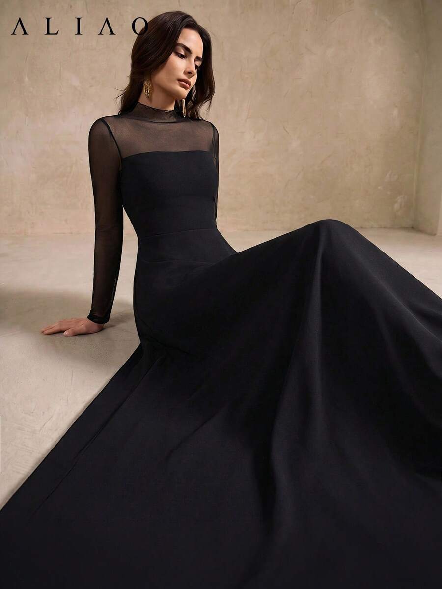 Spring/Autumn French Vintage Court Style Black Sheer Mesh A-Line Maxi Dress, Elegant Wedding Party Formal Gown