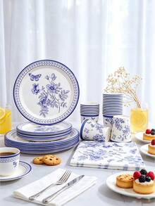 12/24/68 Piece Set, Blue And White Tableware, Butterfly Theme, 7-Inch Paper Tray, 9-Inch Paper Tray, Tissues, Paper Cups, Paper Trays, Food Trays, Party Trays, Bridal Showers, Receptions, Parties, Picnics, Camping, Barbecues And Other Festivals. - Multicolor - View 7