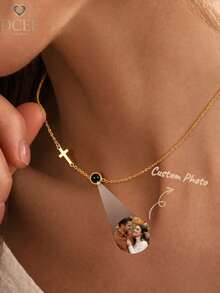 Custom Box Chain Projection Necklace, Custom Colored Photo Projection Necklace, Stainless Steel Projection Photo Collarbone Chain For Women, Commemorative Couple Photo Necklace, Valentine's Day Custom Gift, Gift For Girlfriend, Gift For Best Friend, Bridesmaid Gift - Customizable Cross Projection Necklace - View 3