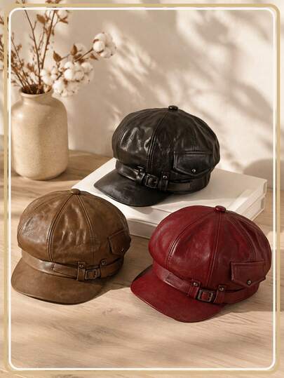 1pc Women's Solid Color Casual Bohemian Vintage Court Style Party Street Cute Elegant Polyester (Polyester) Solid Color Women's Vintage Leather Newsboy Cap Workwear Pocket Buckle Design Octagonal Cap Short Brim Flattering Face Shape Textured Sturdy Fabric Daily Outing Shopping Wear Create Cool Vintage Style Easy To Match With Leather Jacket Highlight Personalized Sharp Look Suitable For Autumn/Winter Multiple Outfit Scenarios Autumn/Winter
