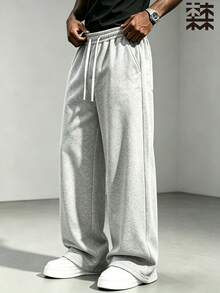mulinsen Men's Solid Color Wide Leg Sweatpants, Drawstring Elastic Waist Loose Drape Casual Long Pants, Side Pockets, Street Sports Straight Leg Floor-Length Pants - White - View 4