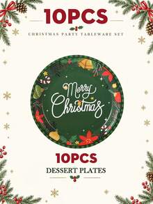 10/20pcs Christmas Disposable Paper Tableware Set, Includes 7-Inch And 9-Inch Plates, Cups, Napkins And Straws; Featuring Deep Green "Merry Christmas", Poinsettia And Bell Decorative Patterns, Suitable For Christmas Parties, Holiday Dinners, Winter Celebrations And Holiday Table Decor. - Multicolor 3 - View 13