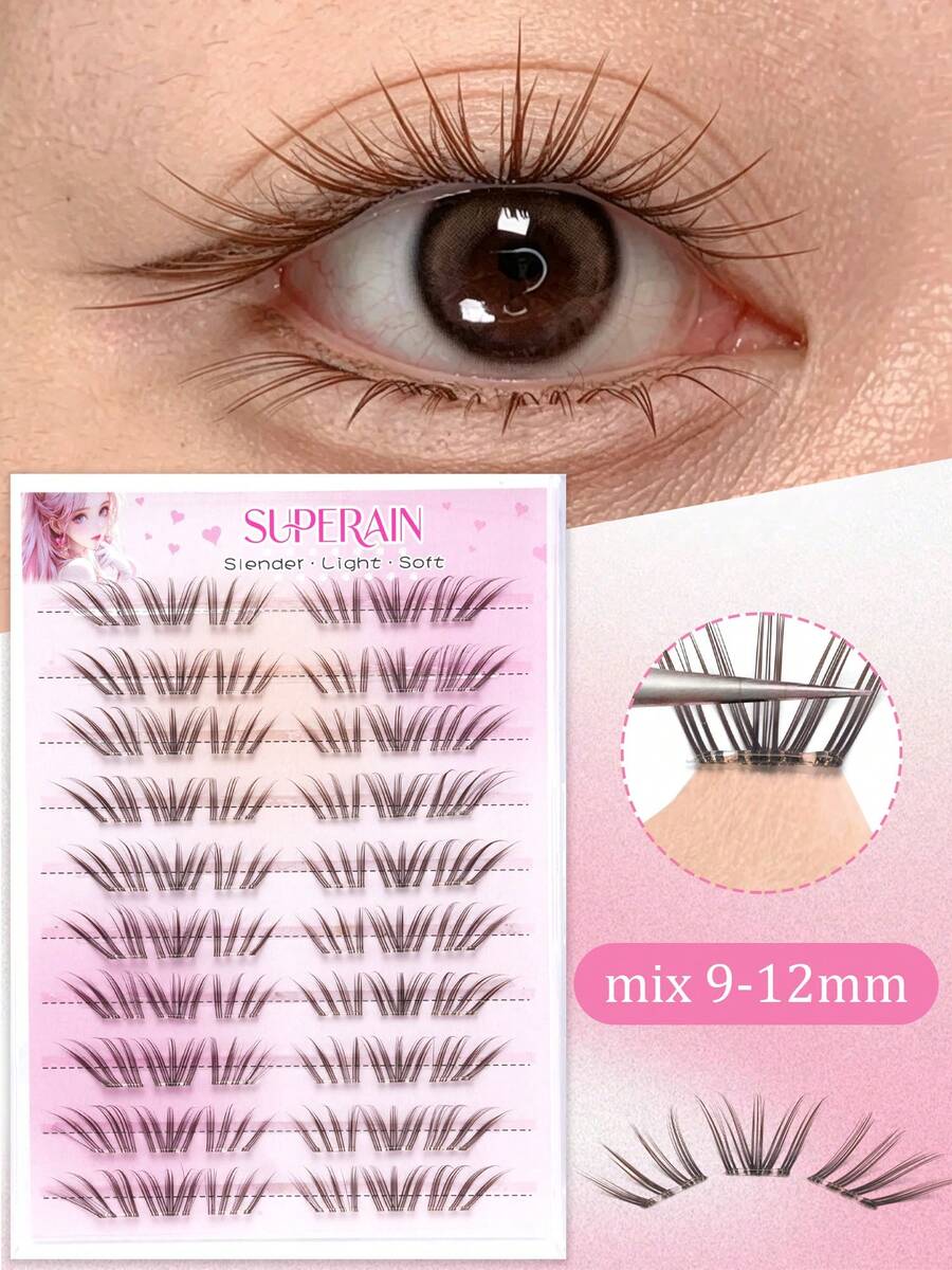 60pcs Brown Self-Adhesive False Eyelash Clusters, Cartoon Style, Press-On Eyelash Clusters, Suitable For Beginners, Reusable, Natural Look, Suitable For All Occasions, Glue-Free False Eyelashes - C - View 1