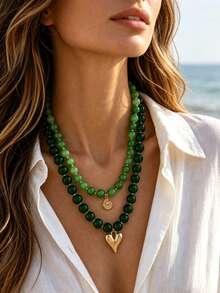 2/1pc Vintage Elegant Metal Heart And Shell Pendant Green Beaded Necklace Set, Suitable For Vacation And Daily Wear - Green - View 4