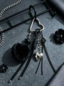 Korean Ins Style Black Pom Pom Keychain, Heart Clasp Braided Rope Bag Charm Accessory - Multicolor - View 5