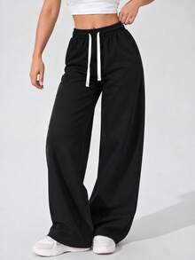 Women's Black Casual Wide Leg Pants Elastic Waist Adjustable Drawstring Relaxed Loose Fit Full Length Everyday Trousers - Black - View 3
