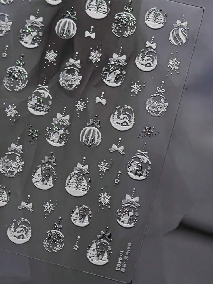 1 Crystal Diamond 3D White Flower Nail Sticker, Snowflake Pearl Chain Embossed Nail Charm Sticker, Elegant White Flower Nail Art Decoration - Multicolor - View 4