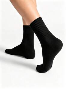 1/5/10/15/20 Pairs Women's Pure Black Ribbed Mid-Calf Socks, Soft & Breathable Basic Casual Socks, Suitable For Daily Wear - Black - View 2