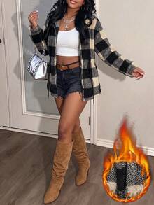 Women's Autumn Winter Streetwear Plaid Fleece Drawstring Waist Zip Up Jacket - Black - View 4