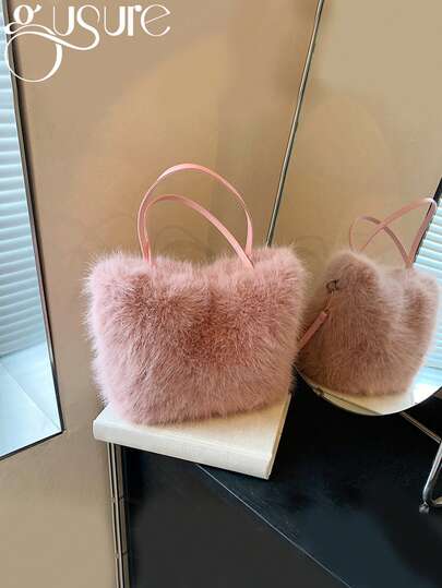 Faux Fur Tote Bag Women's Bucket Plush Luxury Design Ladies Handbags Soft Winter Crossbody Shoulder Bags