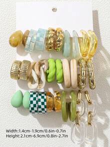 5-15 Pairs Autumn New Fresh Yellow-Green Water Drop Twisted Checkerboard Gradient Letter C Combination Earring Set, Delicate Minimalist Elegant High-End Old Money Style Y2K Acrylic Earrings And Ear Hoops For Women, Christmas Halloween New Year Daily Party Wear, Eye-Catching Versatile - Multicolor - View 11