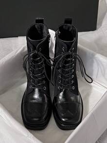 Women's New Autumn/Winter Ankle Boots, Wedge Heel High Heels, Lace-Up British Style Boots - Black - View 6