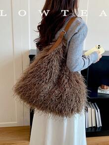 low tea 1pc Crescent Shaped Plush Fabric Shoulder Bag, Suitable For Commuting, Shopping And More - Coffee - View 2