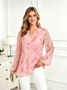 CheersLife Women's Fashion Double-Layer Mesh Blouse, 3/4 Ruffle Flare Sleeve Shirt - Coral Pink - View 1