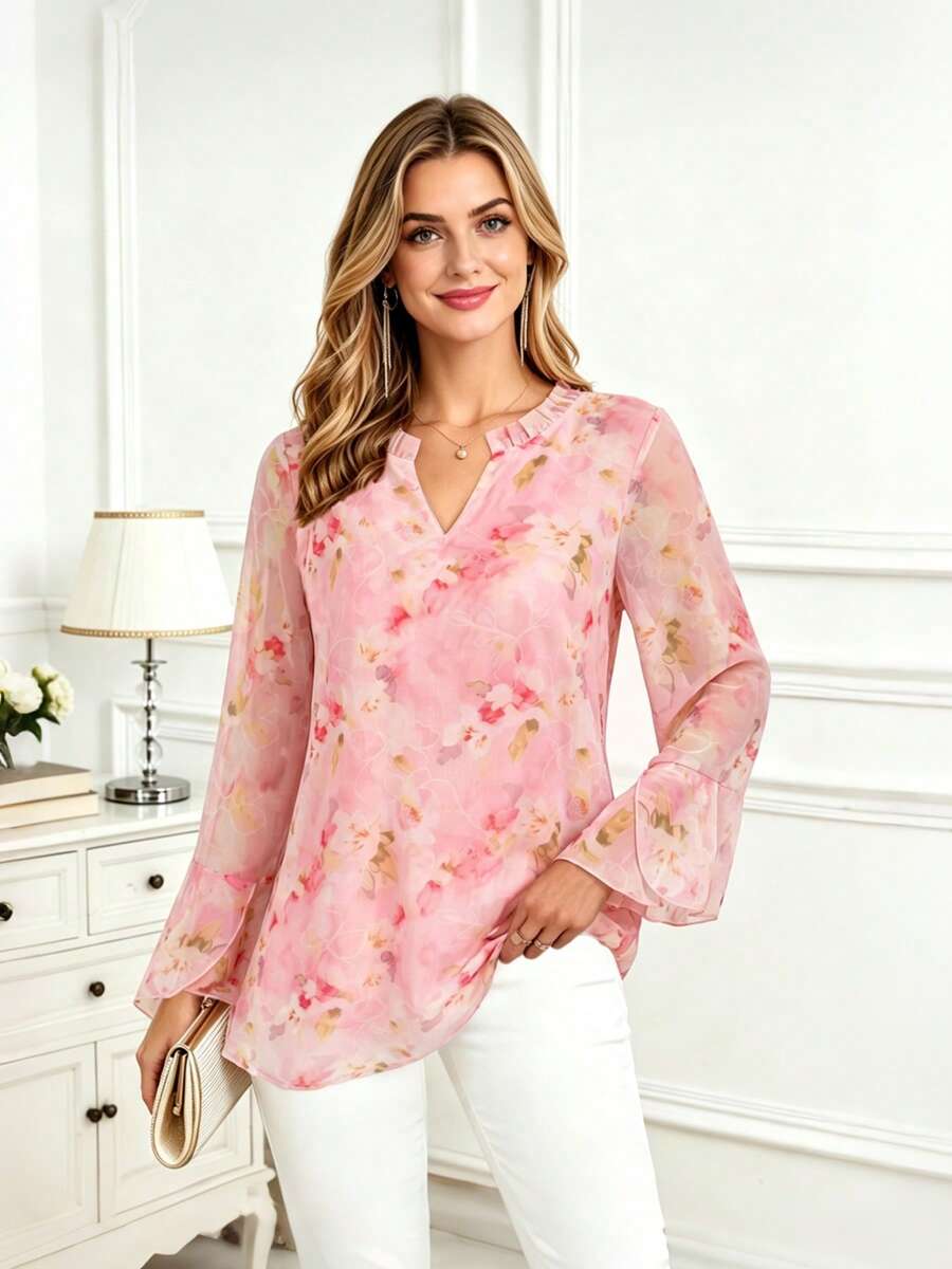 CheersLife Women's Fashion Double-Layer Mesh Blouse, 3/4 Ruffle Flare Sleeve Shirt - Coral Pink - View 1