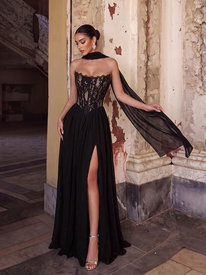 ADYCE Elegant Tube Top Waisted Backless Bodycon Tie-Back Lace Fishbone High-Slit Train Gown Prom Gown Homecoming Wedding Guest Formal Dinner Christmas