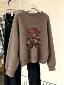 Autumn/Winter Essential: Cute Highland Cow Plaid Knit Scarf, Casual & Warm, With Adorable Animal Pattern, Elevate Your Seasonal Look - Earth Gray - View 3