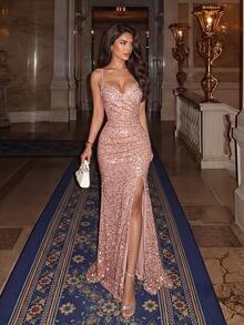 ADYCE Elegant Spaghetti Strap Cinched Waist Backless Fitted Sequin High Slit Train Evening Gown, Prom Dress, Homecoming, Wedding Guest, Formal Dinner, Birthday Party, Pink - Pink - View 2