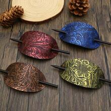 1pc Random Style Vintage Long Hair Bun Holder, Leather Oval Hair Stick Hair Clip - Multicolor - View 8