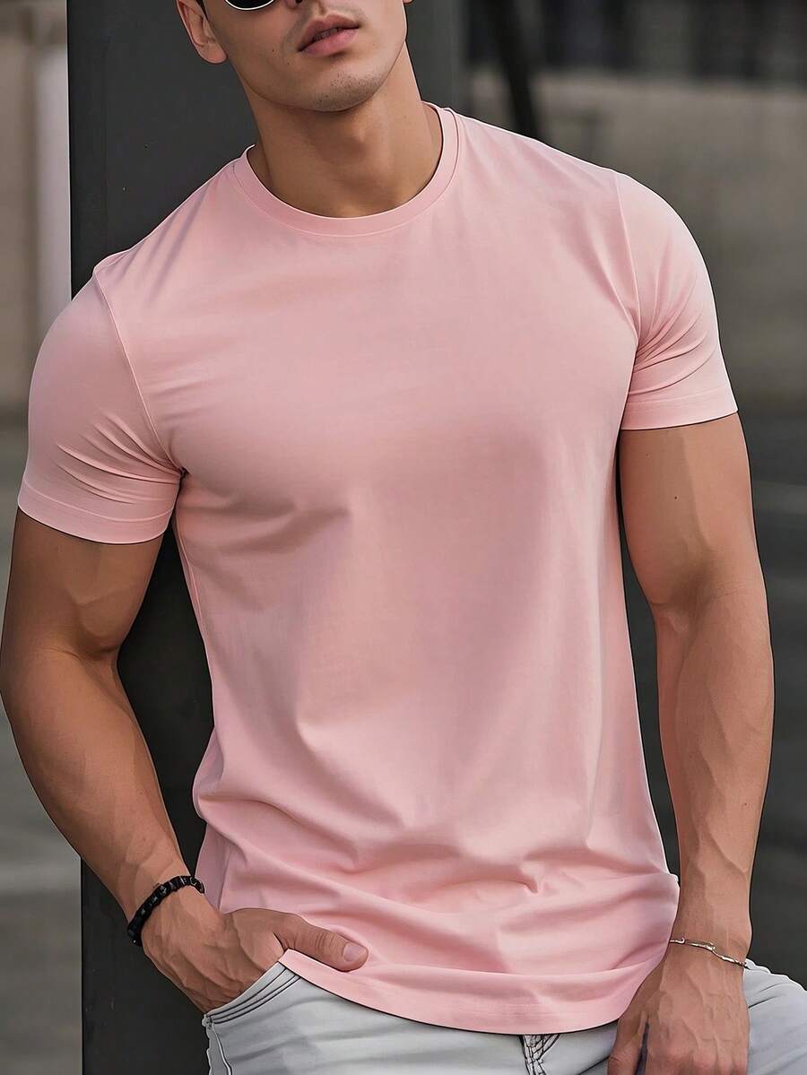 Father's Day Gift Men's Casual Versatile Daily Commute Minimalist Printed Short Sleeve T-Shirt, Spring/Summer, Gift For Him - Pink - View 1