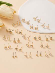20 Pairs Minimalist Stud Earrings Set, Bow, Flower, Moon, Heart And Geometric Pattern Combination Earrings, Suitable For Women's Daily, Casual, Outing, Vacation Wear, Perfect Gift For Friends - Yellow Gold - View 2