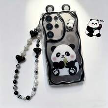 1pc Transparent Bottom 3D Panda Ear Phone Case, Printed With Hugging Bamboo Cartoon Panda Pattern, Soft TPU Material, Wavy Black Edge Full Coverage Phone Case, Comes With Black And White Heart Pearl Beaded Lanyard Accessory, Compatible With Samsung Phones, Fresh Transparent Cute Cartoon Phone Case, Ins Popular Minimalist Cute Style, Pink Blush Panda Pattern Design, Transparent Shell Body Can Retain Original Phone Color - Clear - View 5