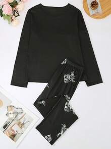 2pcs Women's Pajama Set, Autumn/Winter, 2-Piece Set, Round Neck Long Sleeve Pullover Top And Loose Elastic Waist Pants, Suitable For All Seasons, Home Wear, Outdoor Wear, Comfortable And Loose, Highland Cow Print Pattern - Black - View 11