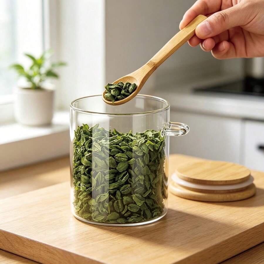 Airtight Clear Glass Storage Canister With Bamboo Lid And Built‑In Side Wooden Spoon, Kitchen Food Container For Tea, Sugar, Spice, Nuts, Dried Fruit, Home Kitchen Organizer. - View 1