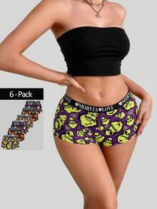Morvia 6 Pack Halloween Punk Women Boxer Briefs, Skull Pumpkin Bat Ghost Print Wide Letter Elastic Waist Underwear - Multicolor - View 7