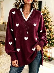 Plus Size Women's Burgundy Knit V-Neck Pullover Sweater, White Heart Print, Essential For Autumn/Winter Warmth - Red - View 4