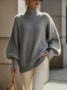 Women's Fall Winter Heather Gray Waffle Knit Mock Turtleneck Lantern Sleeve Pearl Button Cuff Oversized Sweater, Elegant Casual Daily Office Wear - Grey - View 5