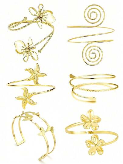 6er Set minimalistische geometrische Seestern Armspangen, Schmetterling & Blumen Armbänder für Frauen