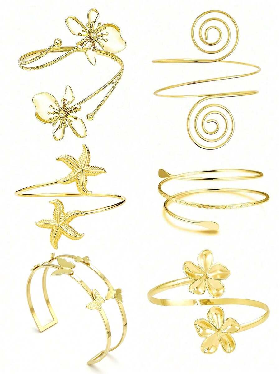 6 Peças Bracelete de Braço Geométrico Minimalista com Estrela-do-Mar, Borboleta e Flor para Mulheres - 6PCAT002 - Visão 1