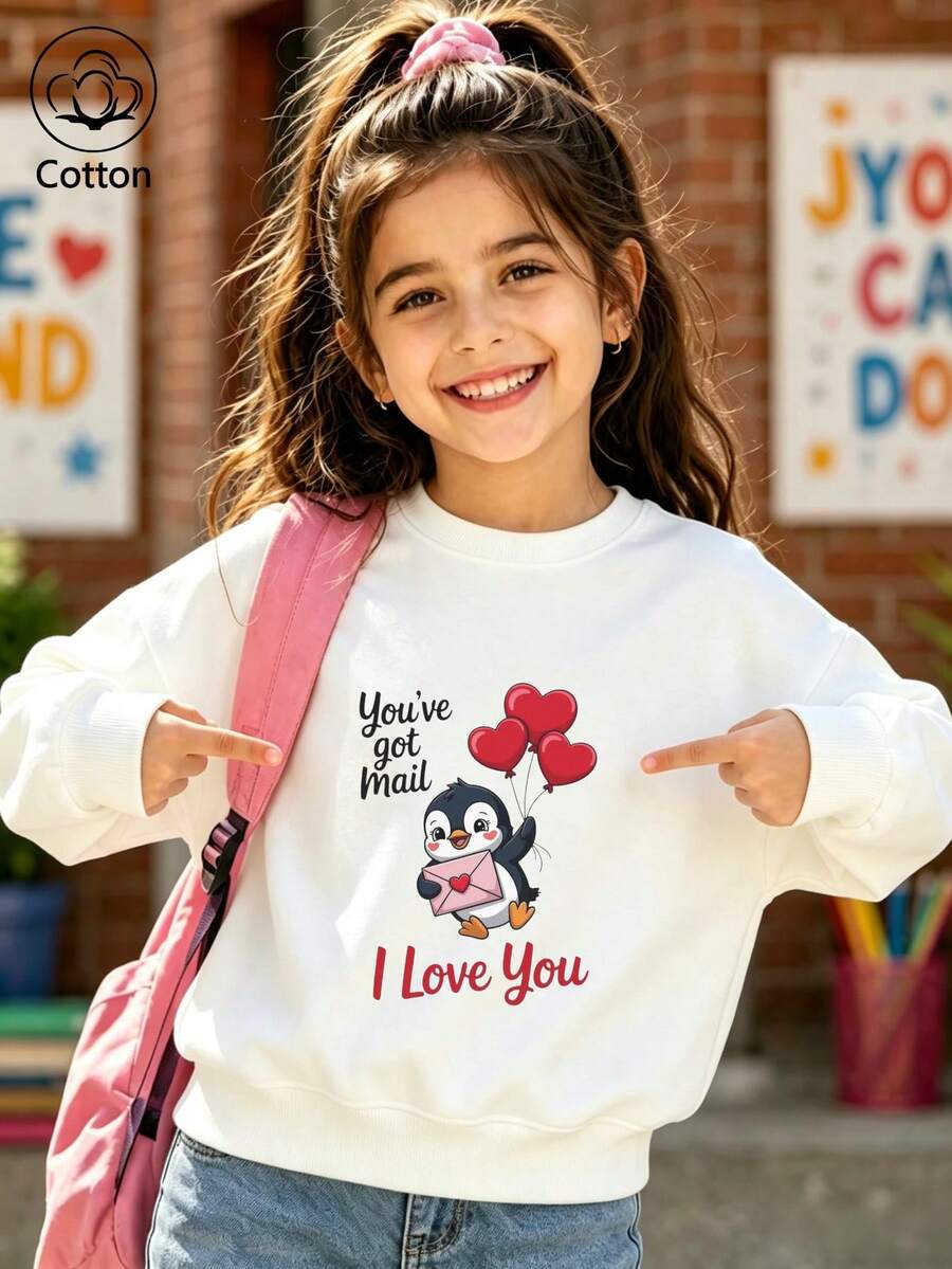 Girls' Cute Printed Drop-Shoulder Round-Neck Long-Sleeve Casual Sports Sweatshirt - White - View 1