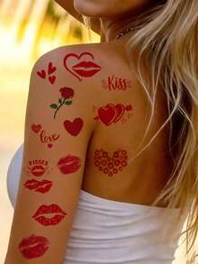 4 Sheets Lips And Mouth Pattern Temporary Tattoo Stickers, Waterproof Flower, Rose, Heart Tattoo Stickers, Suitable For Face, Neck, Arm Wedding Party Body Decor, Red Lips Body Stickers For Valentine's Day Body Art, Fake Tattoo For Women And Men - Red - View 2