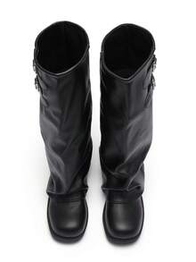 Okurime. Black Leather Buckle Boots, Vintage Pleated High-Top Boots, Flat Slimming Riding Boots - Black - View 3
