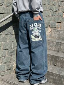 Men's Vintage Light Wash Big Pocket Wide Leg Jeans, Street Style Printed Loose Silhouette Denim Pants - Blue - View 4
