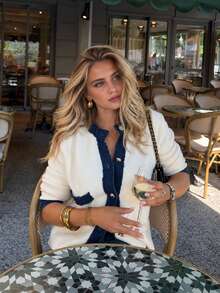 FOR BEAUTY Fall Winter Women Sweaters Elegant Casual Y2K White Contrast Patch Trim Button Front V Neck Long Sleeve Knit Cardigan Sweater Top - Apricot - View 4