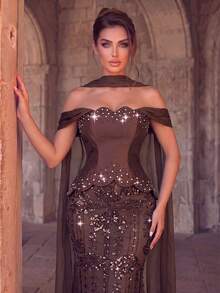 Women's Romantic Off-Shoulder Mermaid Evening Gown, Sequin Pearl And Rhinestone Decorated Formal Dress, Suitable For Prom - Coffee Brown - View 3