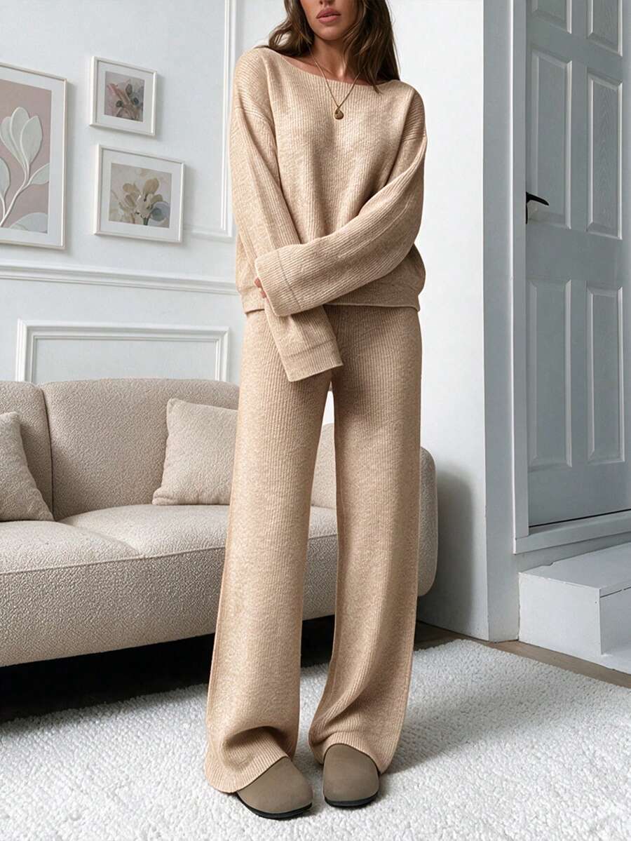 Women's Oatmeal Ribbed Knit Boat Neck Long Sleeve Top & Wide Leg Pants Two Pieces Set, Cozy Casual Loungewear Daily Wear - Oatmeal Color - View 1