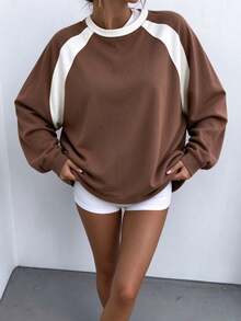 Women's Autumn Long Sleeve Crew Neck T-Shirt, Raglan Sleeve Casual Top - Brown - View 5