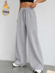 Women's Thermal Lined High Waist Wide Leg Sweatpants With Drawstring Relaxed Fit Casual Lounge Pants For Everyday Wear. - Grey - View 11